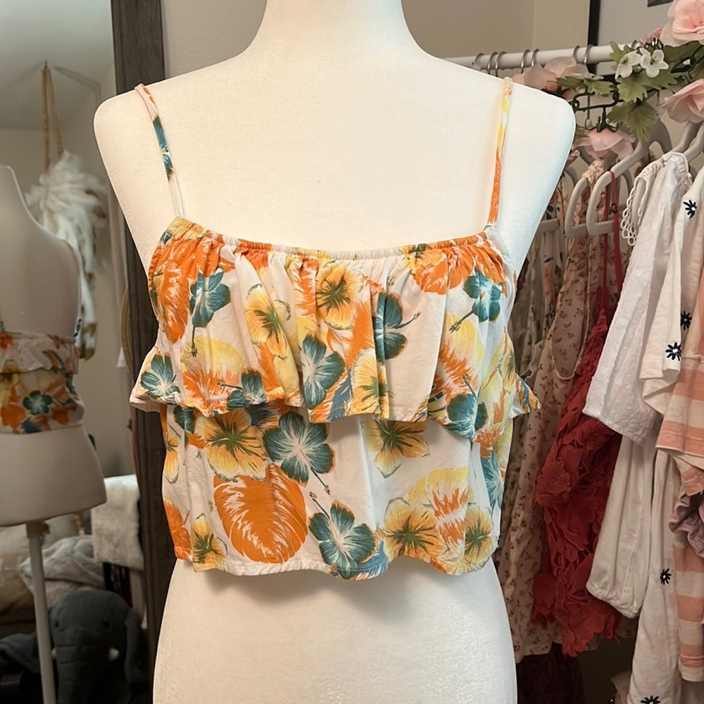 🌸Roxy tropical floral Hawaiian summer print flowy crop tank top size S small🌸